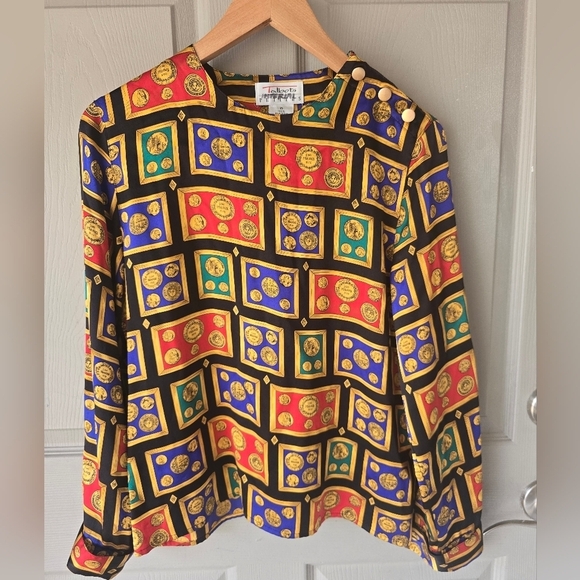 Talbots Vintage 100% Silk Blouse Sz 6 Roman Coins Francs Gold Buttons Boho Artsy - Picture 4 of 12